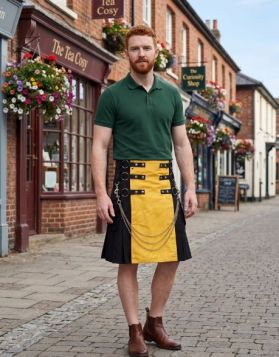 Black and Yellow Utility Kilt With Detachable Apron for Men