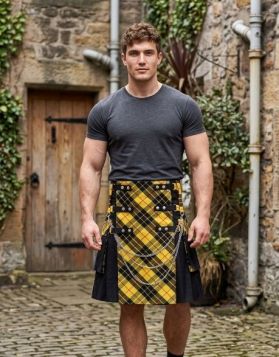 Black Gothic Hybrid Kilt with MacLeod of Lewis Tartan Front Apron and Chains