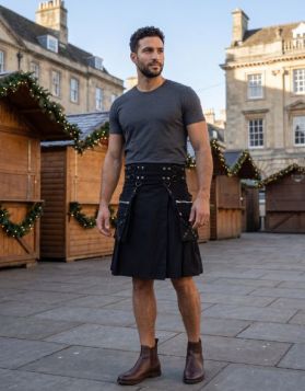 Black Gothic Utility Kilt With Detachable Pockets