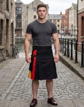 Black Hybrid Kilt with German Flag Pleats and Leather Straps
