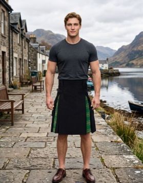 Black Hybrid Kilt with Irish Green Tartan Pleats