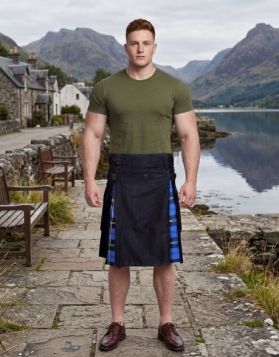 Black Hybrid Kilt with Ramsey Blue Tartan Pleats