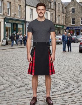 Black Hybrid Kilt with Royal Stewart Tartan & Detachable Pockets