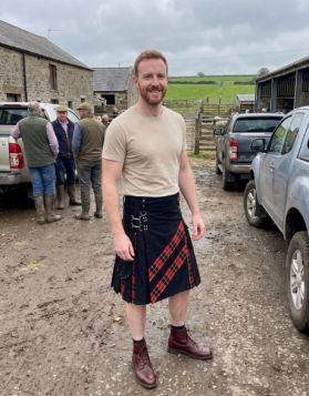 Black Hybrid Utility Kilt with Red Tartan Diagonal Panel and Cargo Pockets