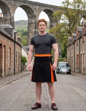 Black & Orange Pleated Hybrid Kilt with Buckle Strap