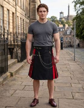Black Rainbow Gothic Hybrid Kilt with Red Pockets and Chain Drape