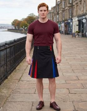 Black Rainbow Pride Hybrid Kilt with Pleated Stripes