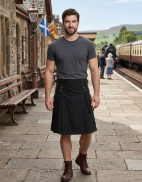 Black Utility Kilt with Detachable Pocket