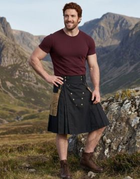 Black Utility Kilt with Khaki Detachable Pocket