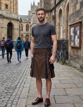 Brown and Black Hybrid Kilt with Nylon Straps and Panel Stripes