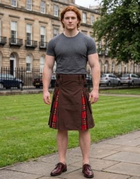 Brown Hybrid Kilt with Royal Stewart Tartan Pleats