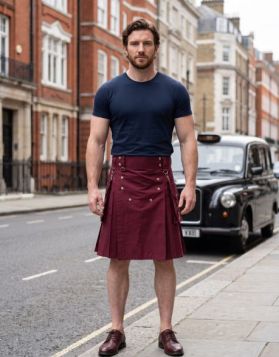Burgundy Cotton Utility Kilt with Detachable Pockets