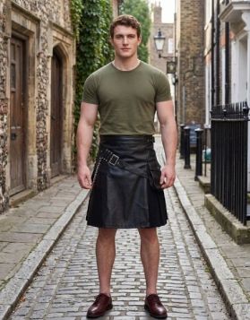 Fashion Black Leather and Cotton Hybrid Kilt with Chains and Pouch Pocket