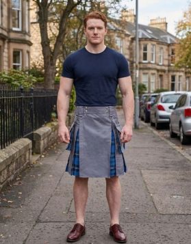 Grey Hybrid Kilt with Ramsey Blue Tartan Pleats
