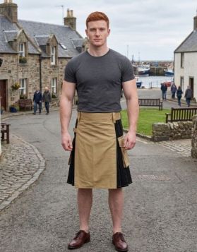 Khaki and Black Hybrid Kilt with Contrast Stitching and Cargo Pocket