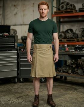 Khaki Cotton Utility Kilt with Cargo Pockets