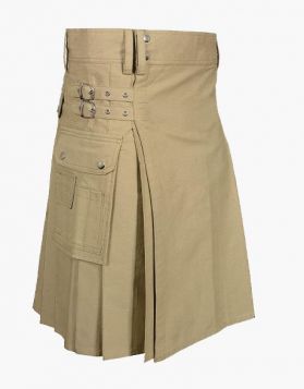 Khaki Cotton Utility Kilt with Cargo Pockets