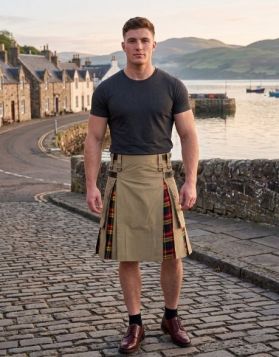 Khaki Hybrid Kilt with Buchanan Tartan Pleats
