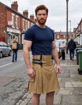  Khaki Kilt Flap Pockets Dual Leather Straps