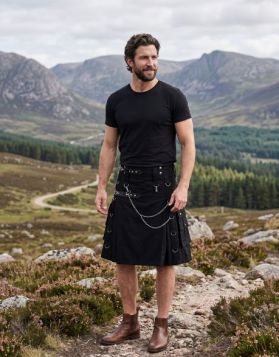 Men's Black Gothic Utility Kilt with Silver Chain