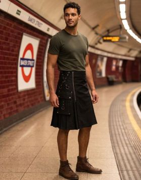Men's Black Gothic Zipper Utility Kilt