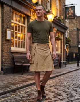 Men's Khaki Detachable Pocket Utility Kilt