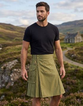 Men's Khaki Utility Kilt with Gold Buttons 