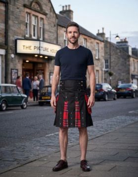 Men's Black and Royal Stewart Tartan Hybrid Kilt with Detachable Pockets