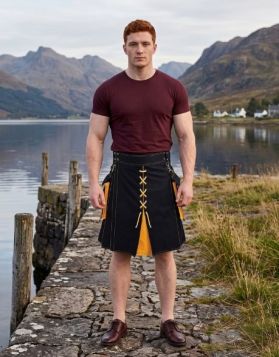 Men's Black and Yellow Hybrid Kilt with Cross-Lace Front and Detachable Pockets