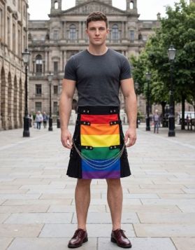 Men's Black Gothic Kilt with Rainbow Pride Apron