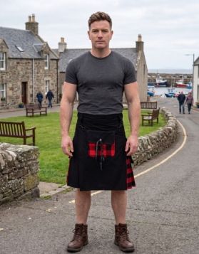 Men's Black Hybrid Kilt with Rob Roy MacGregor Tartan Pleats