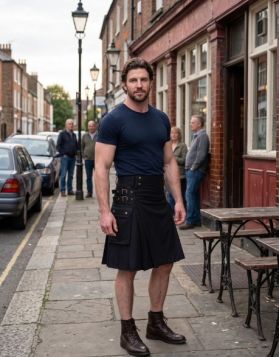 Men's Black Kilt Dual Buckle Straps Side Pockets