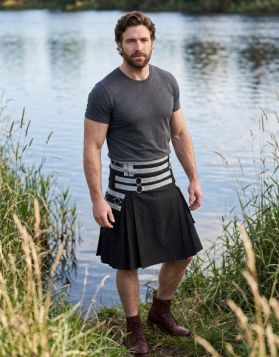 Men Black Utility Kilt with Flap Pockets