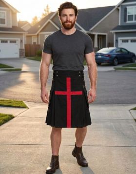 Men's Black Utility Kilt with Red Cross on front apron
