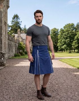 Men's Blue Cotton Utility Kilt with White Lines