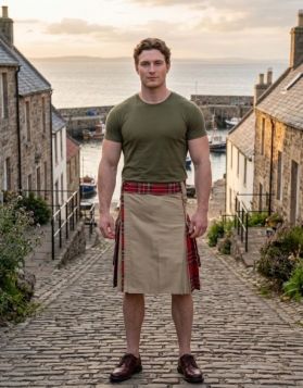 Men's Khaki Hybrid Utility Kilt with Royal Stewart Tartan Waistband