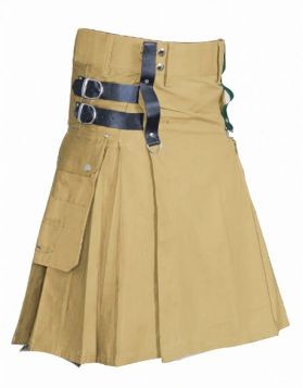  Khaki Kilt Flap Pockets Dual Leather Straps