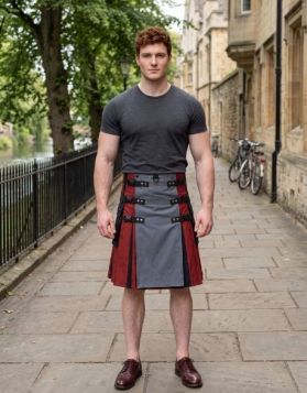 Men's Red and Black Hybrid Kilt with Detachable Grey Apron