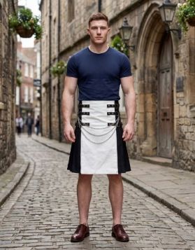 Men's White and Black Gothic Hybrid Kilt with Layered Chain Drape