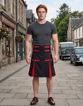 Modern Black Gothic Hybrid Kilt with Red D-Ring Straps