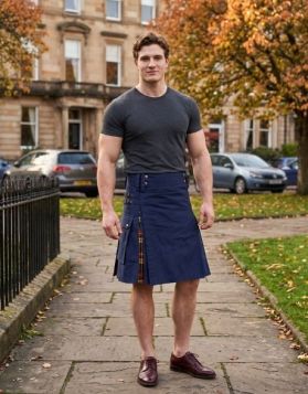 Modern Navy Blue Hybrid Kilt with Buchanan Tartan Pleat and Buckle Straps
