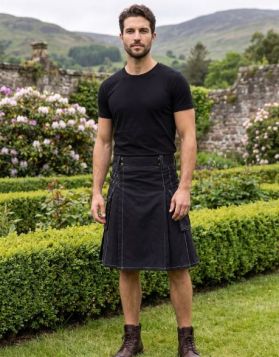 Plain Black Utility Kilt with White Stitching