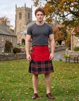 Red Cotton and Black Stewart Tartan Hybrid Kilt with Buckle Straps