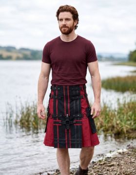 Red Gothic Cotton Utility Kilt with Black Apron