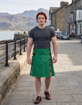 Sea Green Hybrid Kilt with Camel Thomson Tartan Pleats
