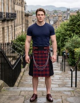 Stylish Black Gothic Kilt with Tartan Apron and Triple Chain Drape