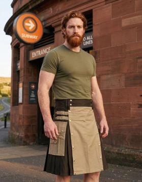  Two Tone Black and Khaki Utility Kilt With Stud