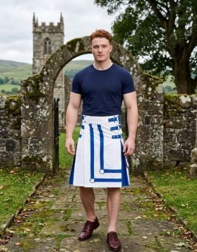 White and Blue Hybrid Kilt with Decorated Front Straps