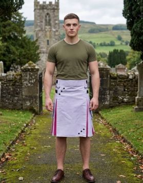 White and Pink Hybrid Kilt with Leather Straps and Button Detail