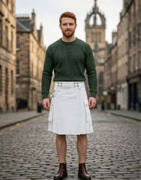 Men's White Cotton Utility Kilt with Cargo Pockets